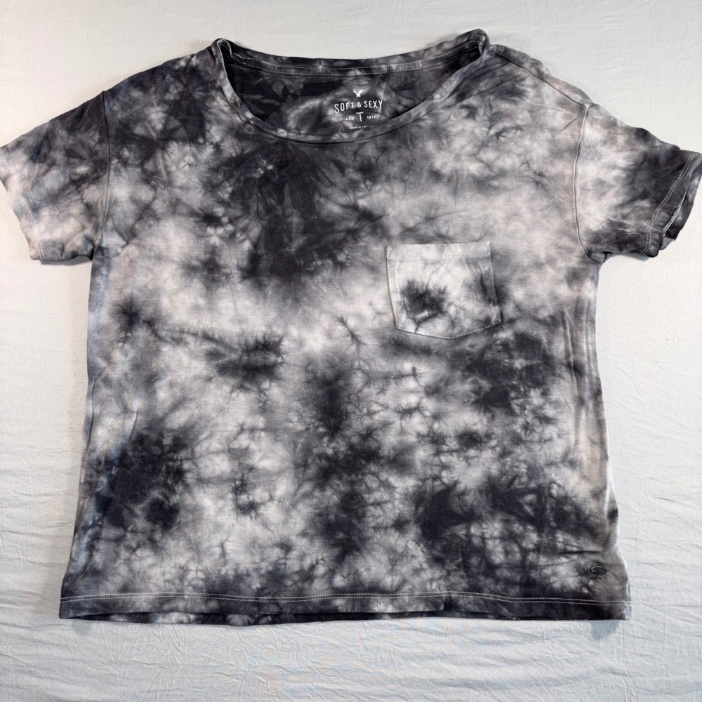 American Eagle Soft & Sexy Tie Dye Pocket Tee Black White XS